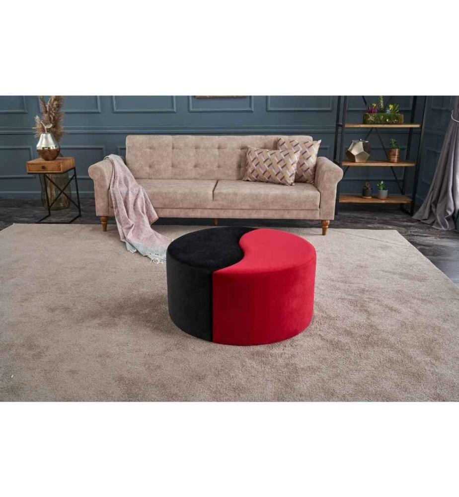 Pouf, noir, rouge, polyester et velours, corps en bois