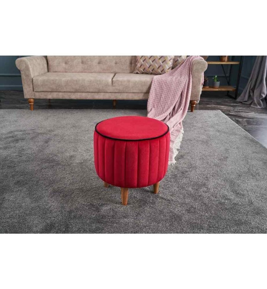 Pouf, rouge, polyester et velours, corps en bois