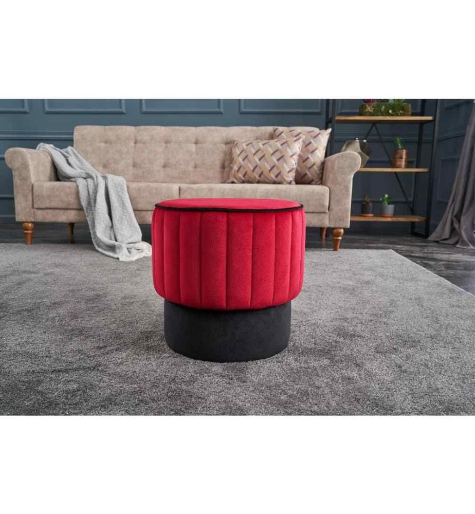 Pouf, rouge, polyester et velours, corps en bois