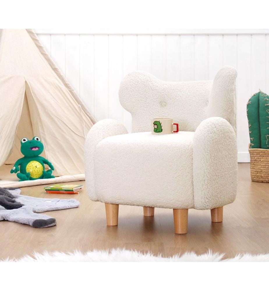 Chaise Wing pour enfant, blanche, 100% FAUX FUR, pieds en bois