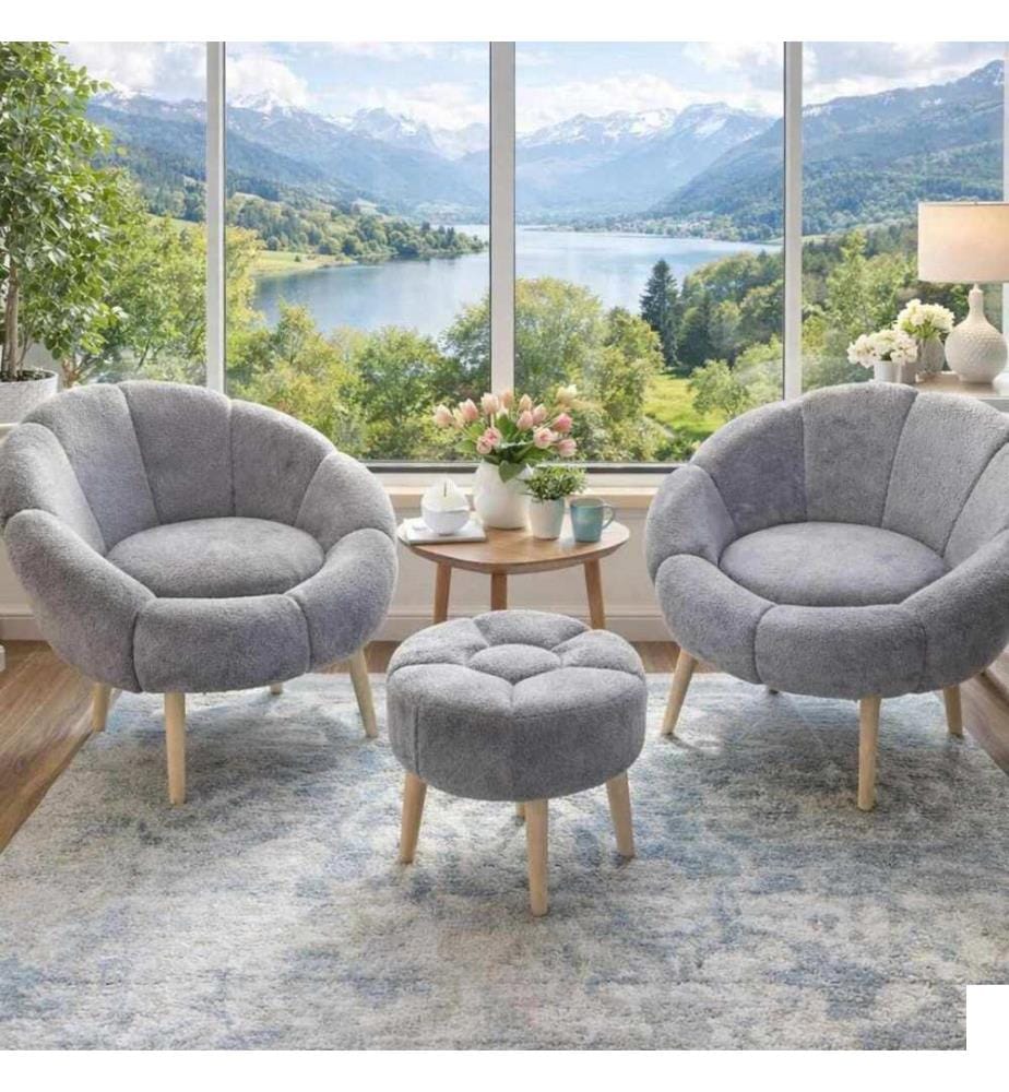 Ensemble fauteuil à oreilles et pouf, 3 pièces, panneau de particules 100 % mélaminé, gris