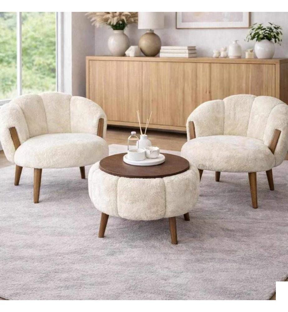 Ensemble fauteuil à oreilles et table basse, 3 pièces, panneau de particules 100 % mélaminé, crème
