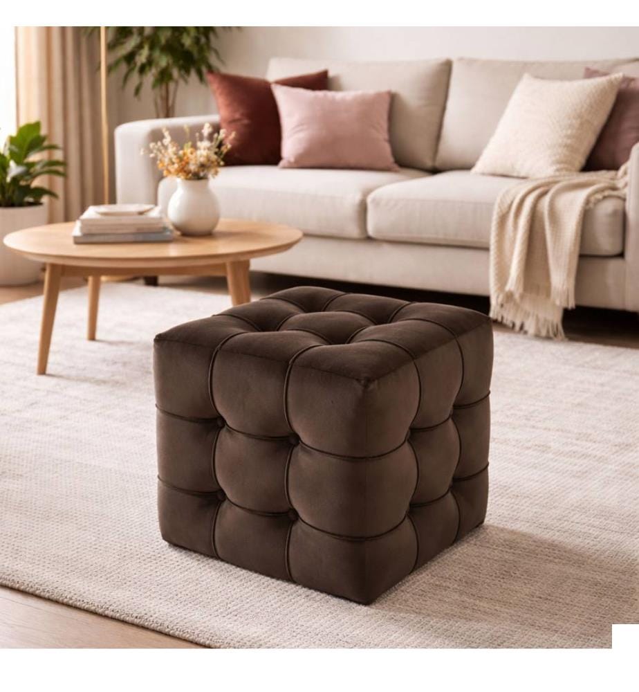 Pouf en bois de ronce et panneaux de particules mélaminés, marron