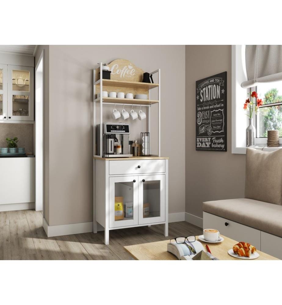 Armoire bar à café, bois, blanc, 100 % panneau de particules mélaminé