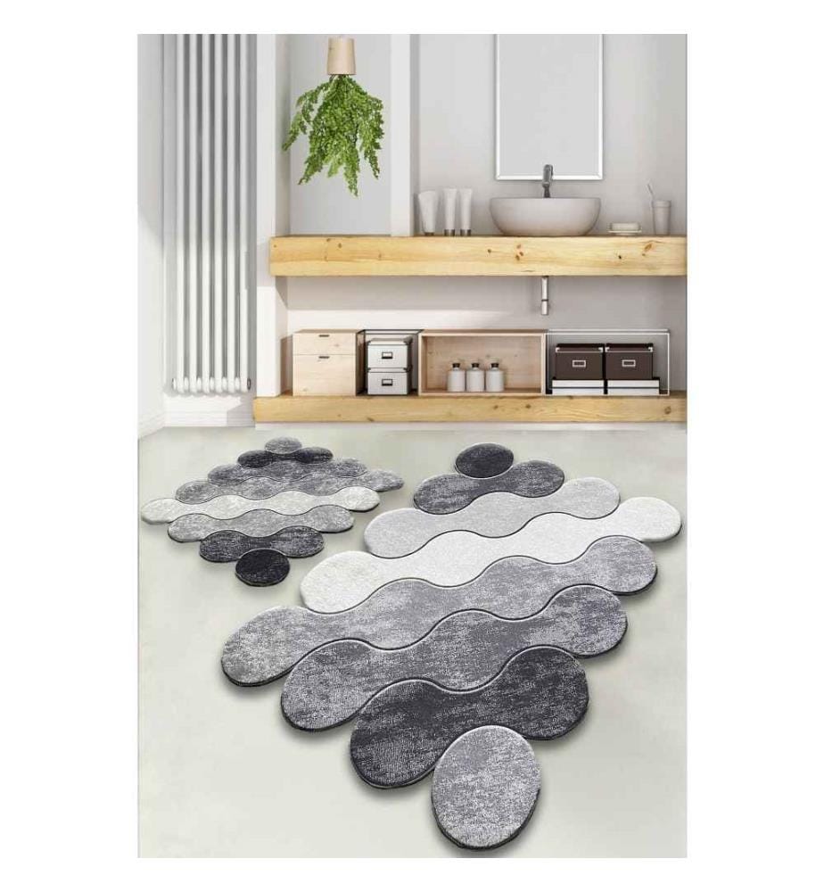 Set de tapis de bain, 2 pièces, gris, gris clair, blanc, polyester, hauteur des poils 10 mm