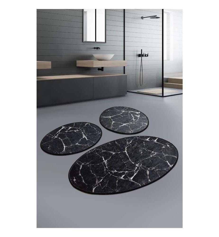 Set de tapis de bain, 3 pièces, noir, blanc, tissu velours, hauteur des poils 10 mm