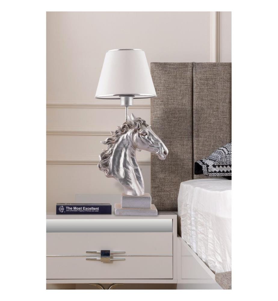 Lampe de table, blanc, argent, corps en polyester, capuchon en tissu