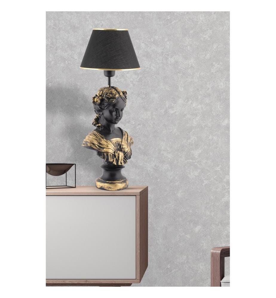 Lampe de table, noir, or, corps en polyester, capuchon en tissu