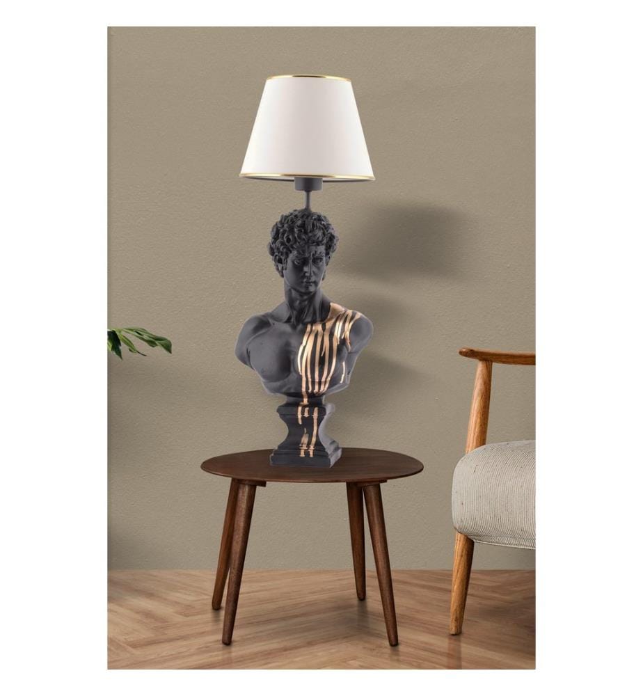 Lampe de table, blanc, noir, or, corps en polyester, capuchon en tissu