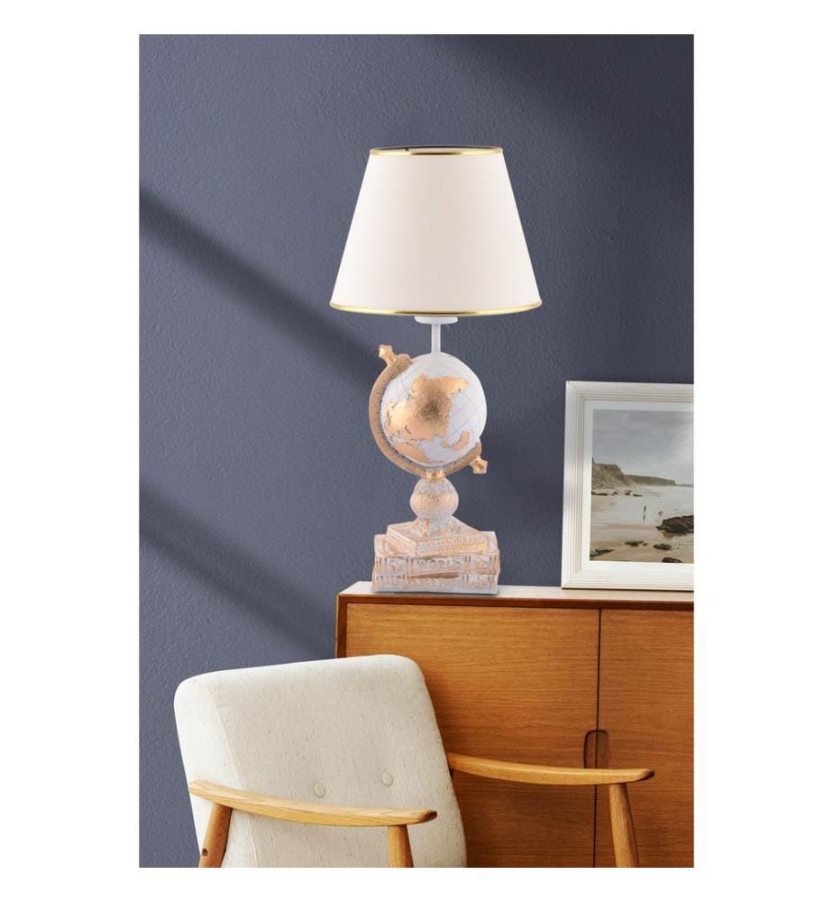 Lampe de table, blanc, or, corps en polyester, capuchon en tissu