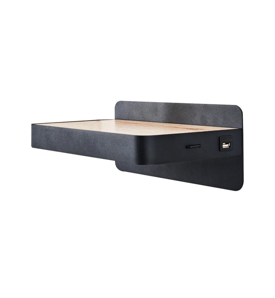 Lampe murale, noire, corps en métal, capuchon en bois