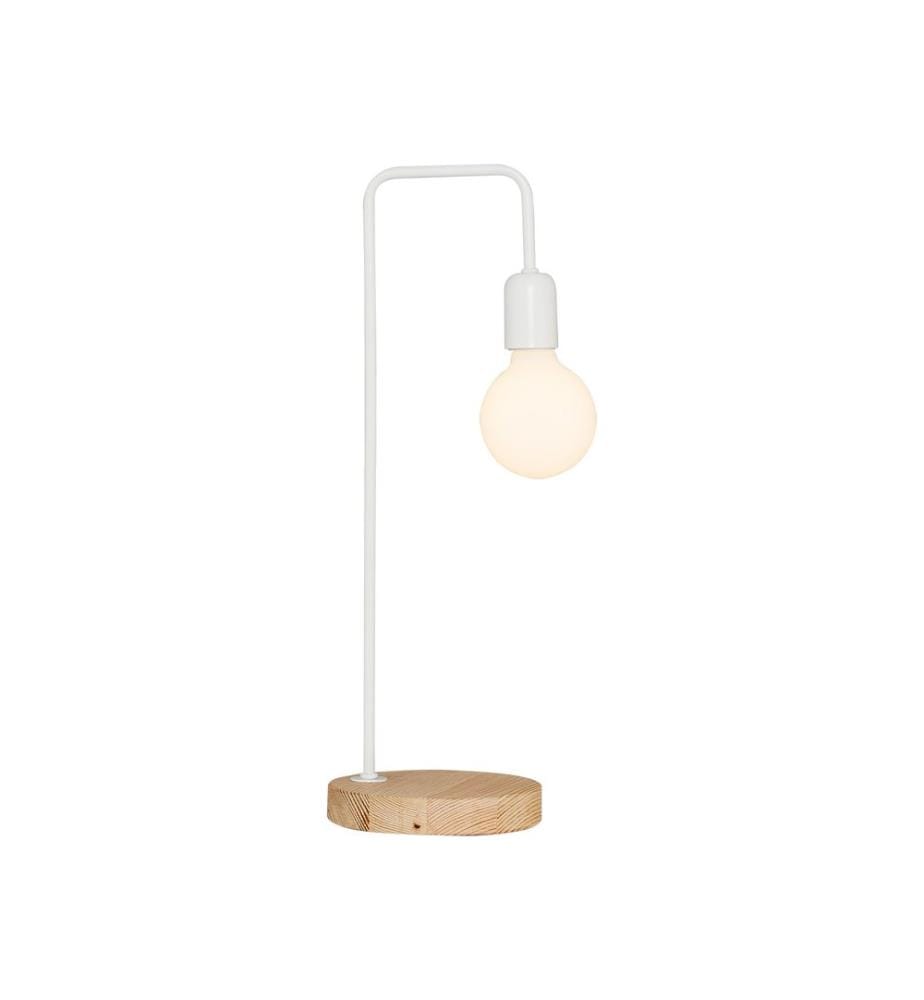 Lampe à poser, blanche, corps en bois, capuchon en métal