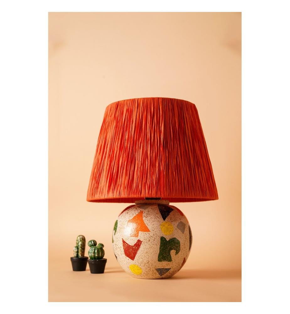 Lampe de table, orange, corps en ceramic, capuchon de corde