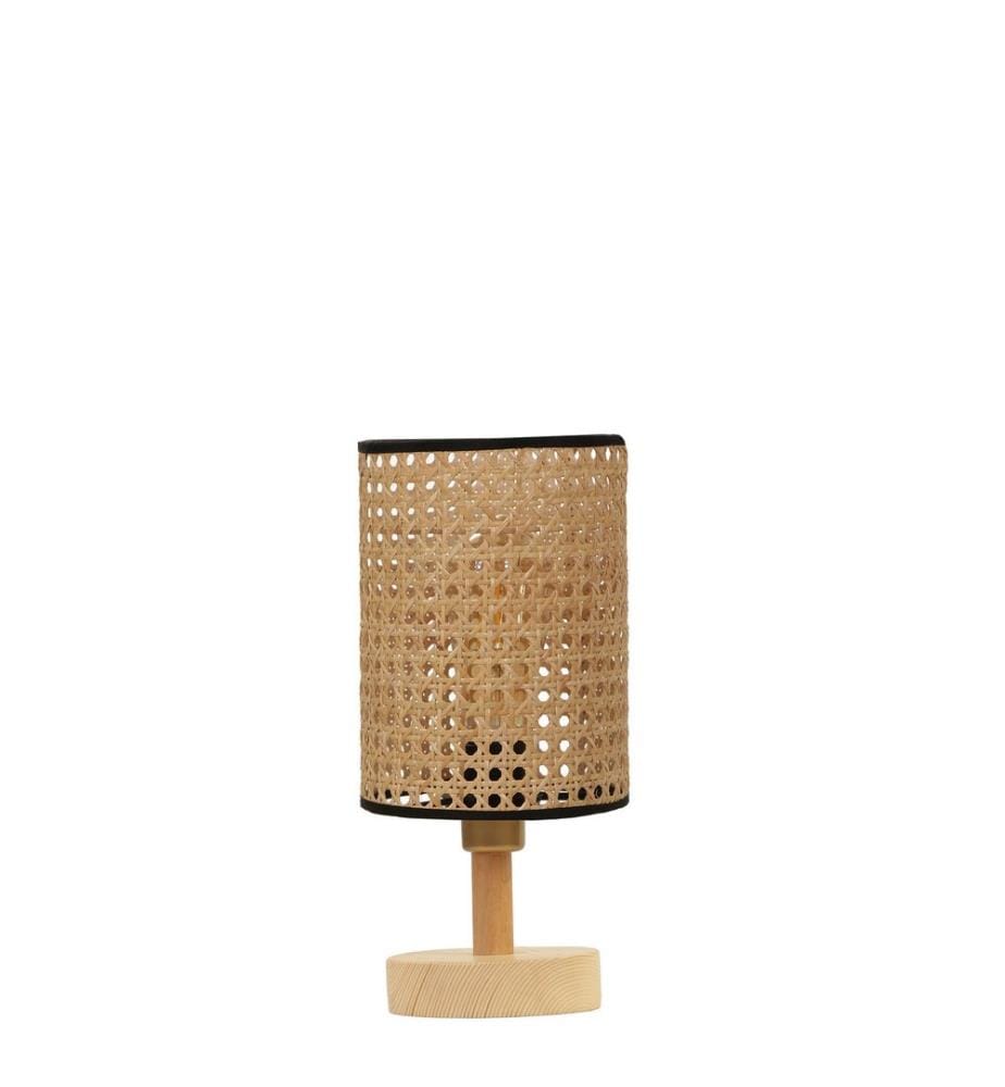 Lampe de table, rotin, corps en bois, tissu pour abat-jour