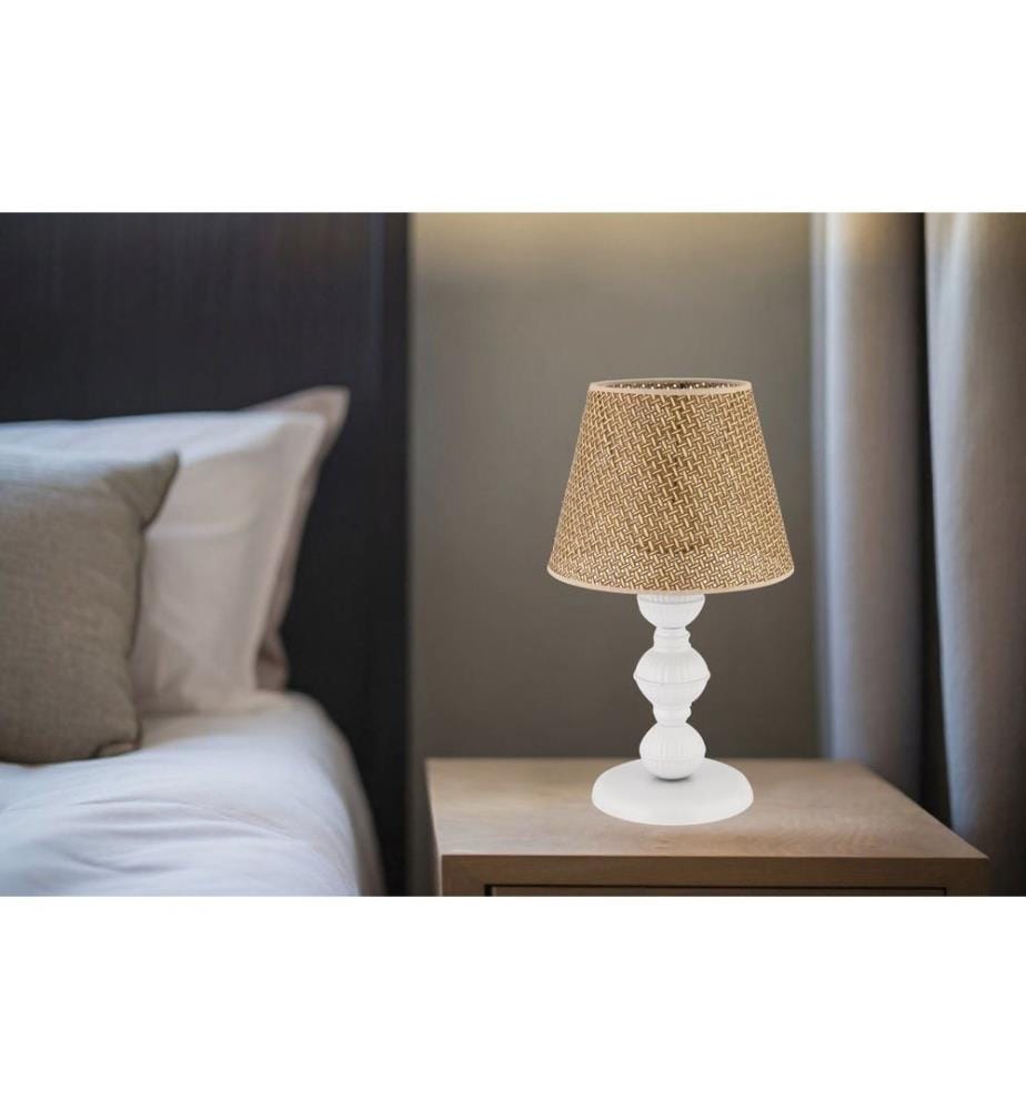 Lampe de table, pied en métal, couleur camel, blanche