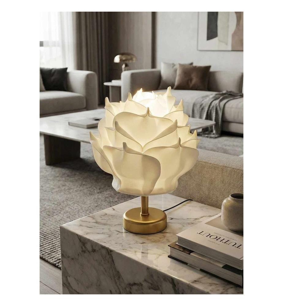 Lampe de table, corps en métal, blanc, or antique
