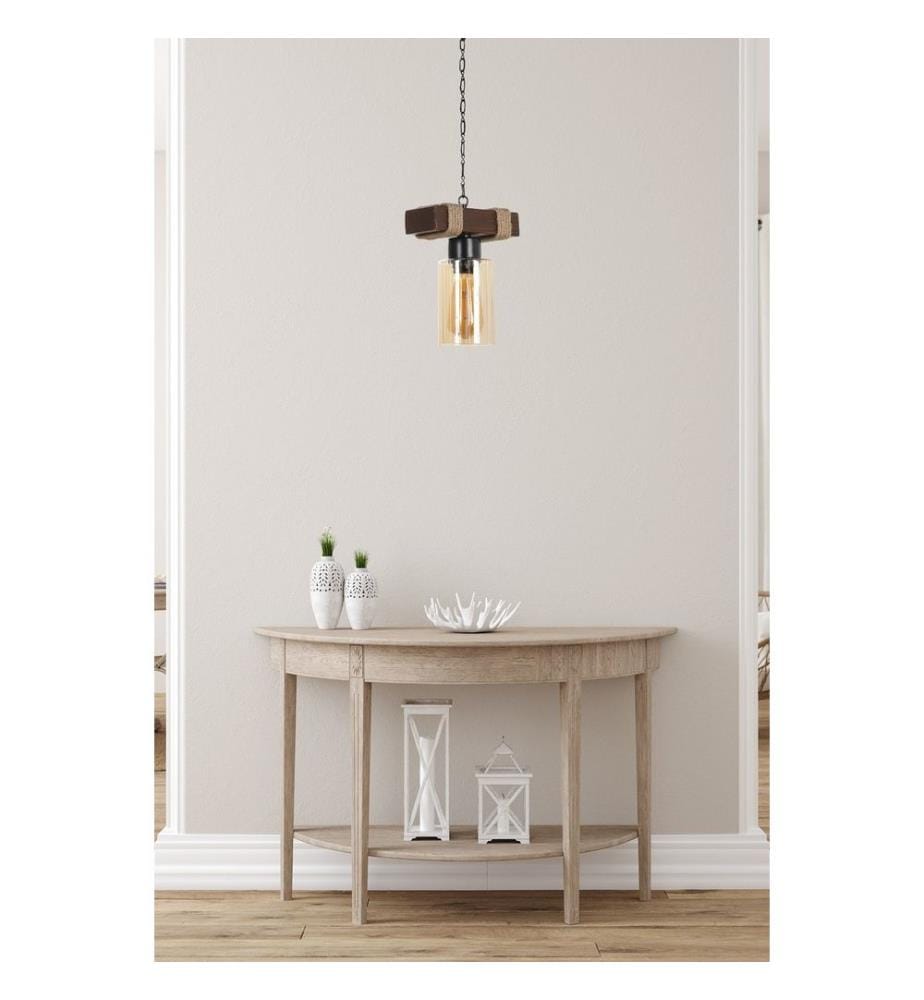 Lustre, jaune, corps en bois, chapeau en verre