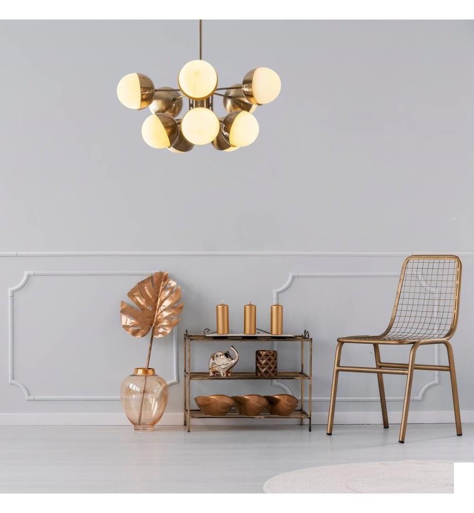 Lustre, blanc doré, corps en métal, chapeau en verre