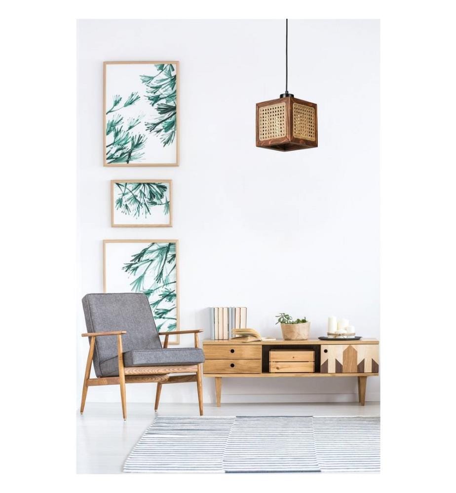 Lustre, rotin, noyer, corps en bois de sapin, chapeau en rotin naturel