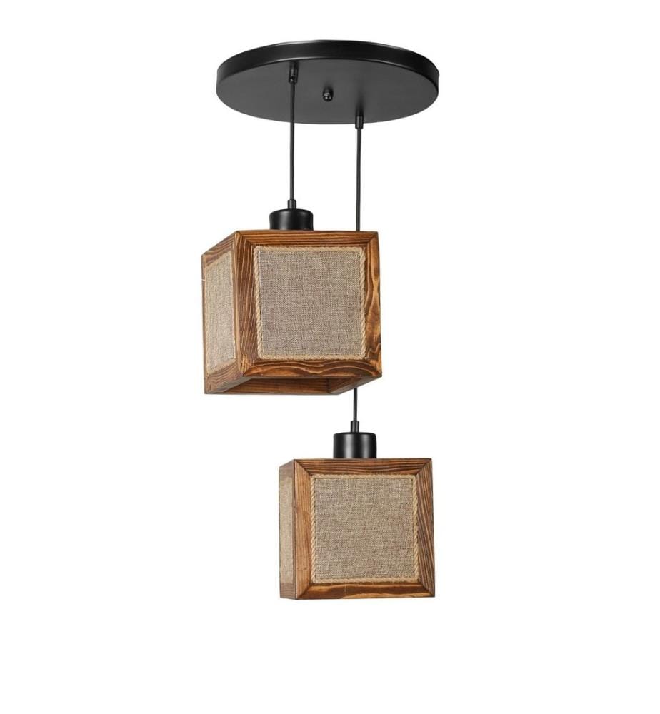 Lustre, noyer, corps en bois de sapin, chapeau en tissu naturel