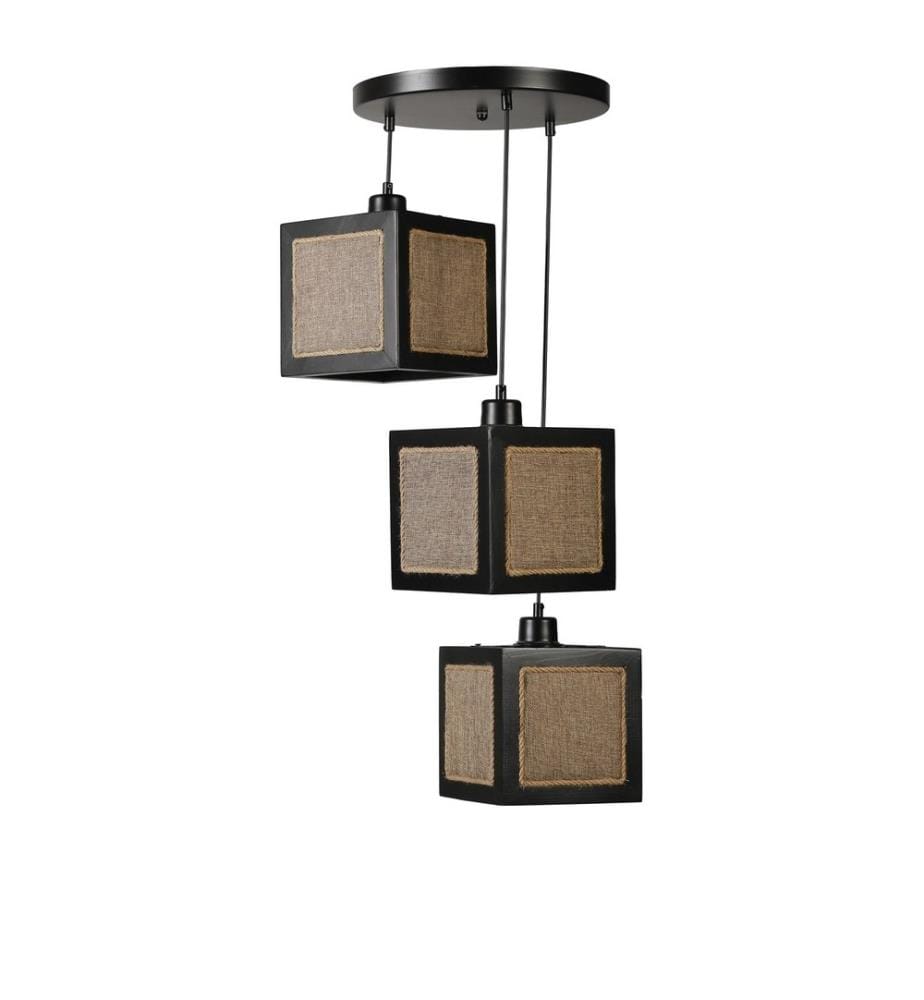 Lustre, noir, rotin, corps en bois de sapin, capuchon en tissu naturel