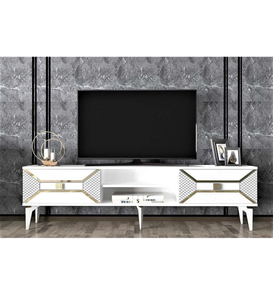 Meuble TV, Blanc, Or, Panneau de particules mélaminé