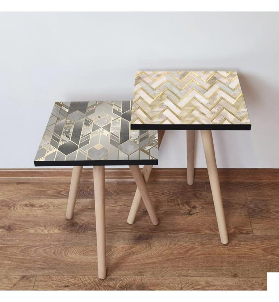 Table gigogne , 2 pièces, Gris, Or, Beige, 100% MDF