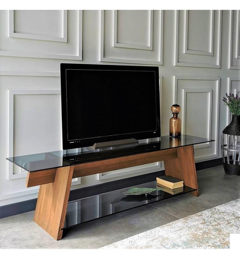 Meuble TV, Noyer, Noir, Verre trempé, Cadre : Pin massif