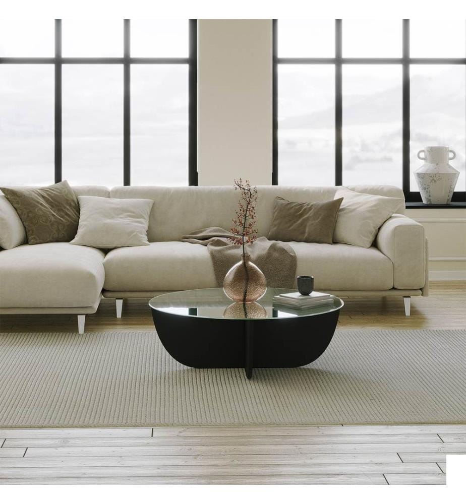 Table basse, Noir, Verre trempé, Piétement : Panneau de particules mélaminé