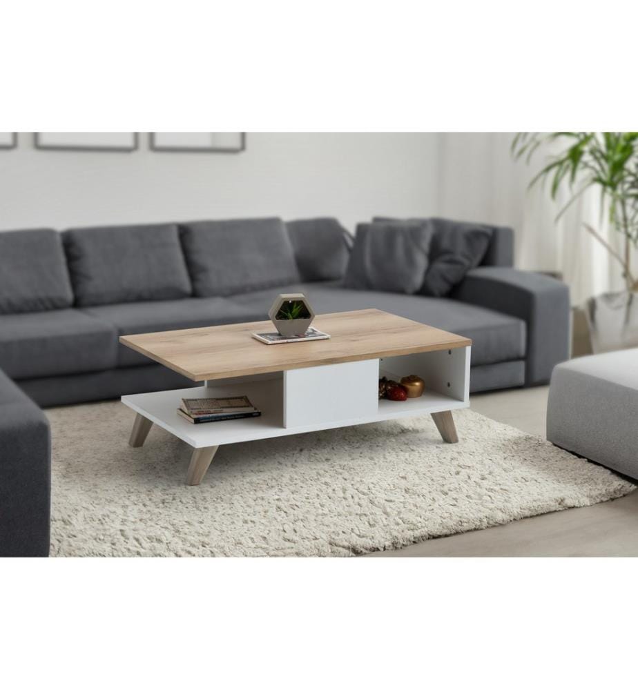 Couleur Chêne, Blanc, Tables Basses, 35,6X90X54 cm, Plaque De Particules Enrobée De Mélamine