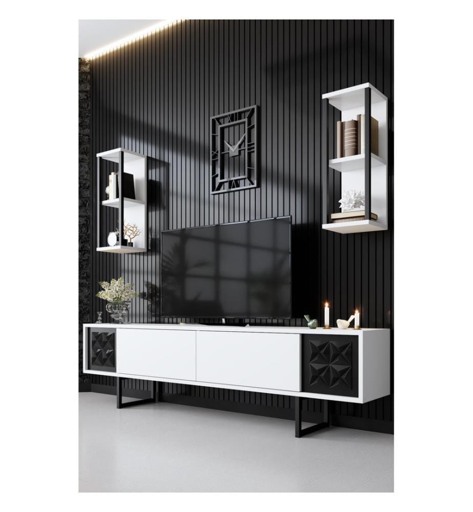 Meuble TV, Blanc, Noir, Panneau de particules mélaminé, Pieds en métal