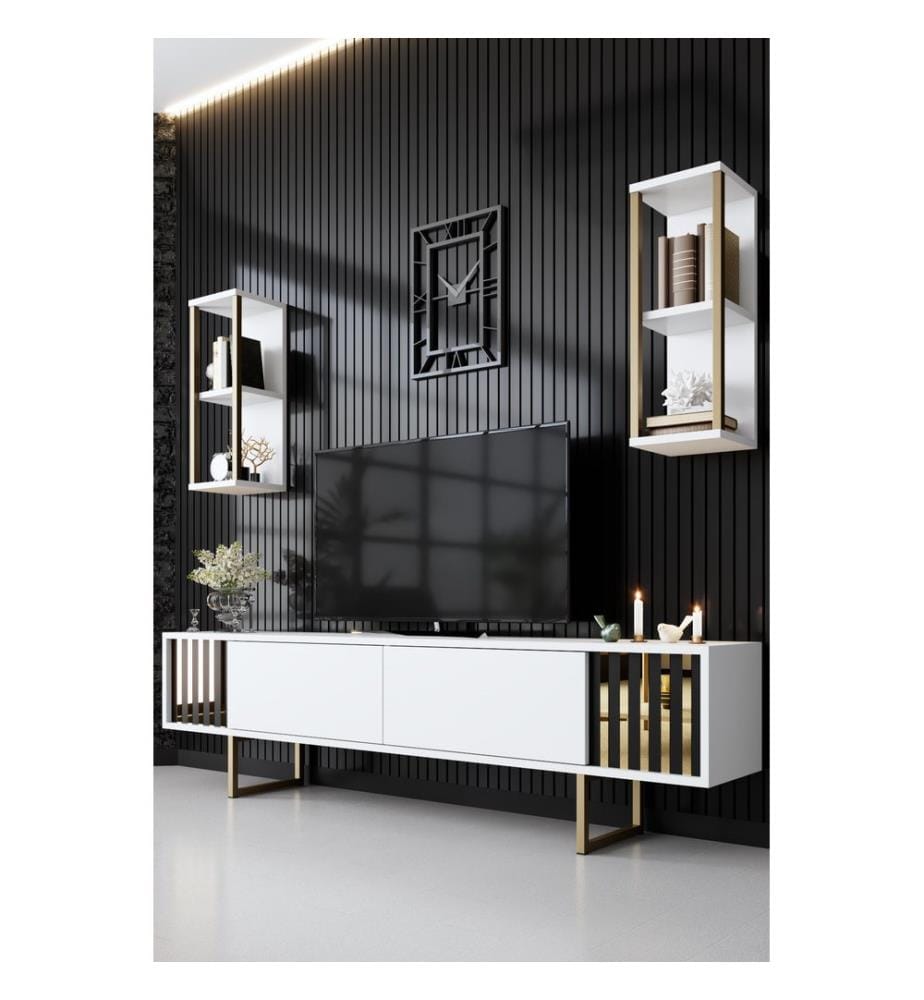 Meuble TV, Blanc, Noir, Panneau de particules mélaminé, Pieds en métal