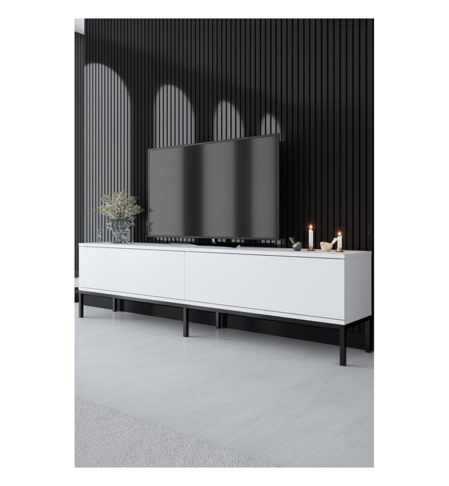 Meuble TV, Noir, Blanc, Panneau de particules mélaminé, Pieds en métal
