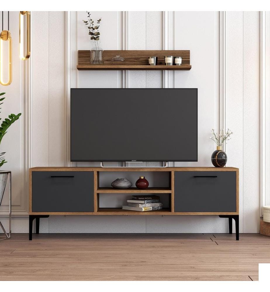 Meuble TV, Noyer, Anthracite, Panneau de particules mélaminé