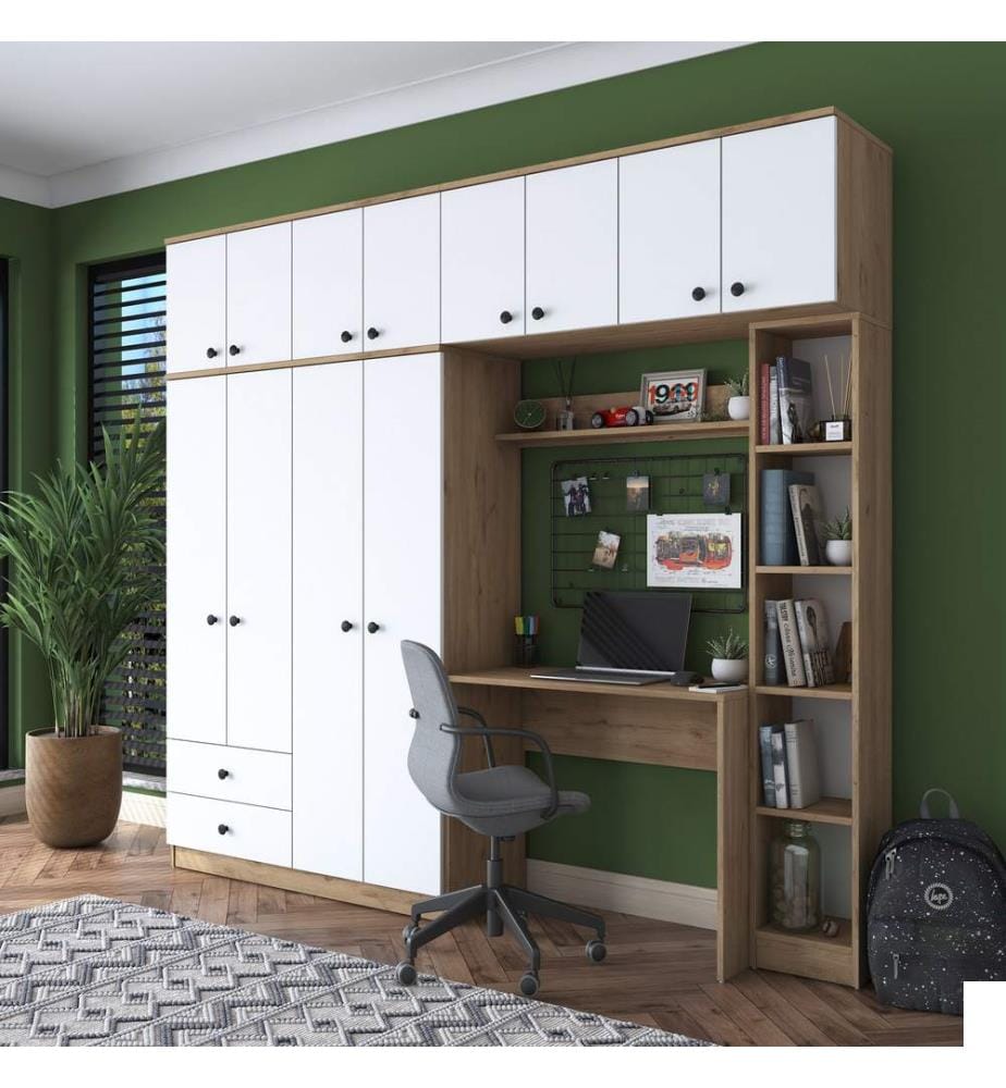 Ensemble chambre d'étude, noyer, blanc, panneau de particules mélaminé