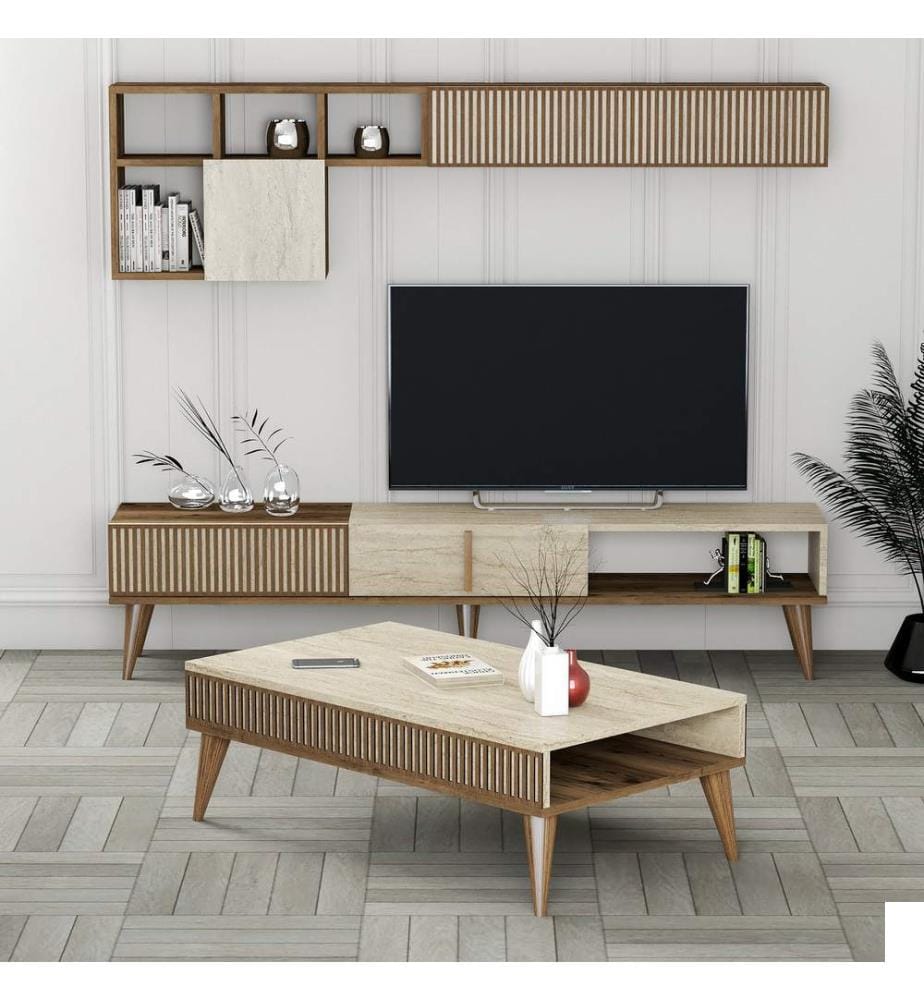 Ensemble de meubles de salon, noyer, travertin, 100 % panneau de particules mélaminé