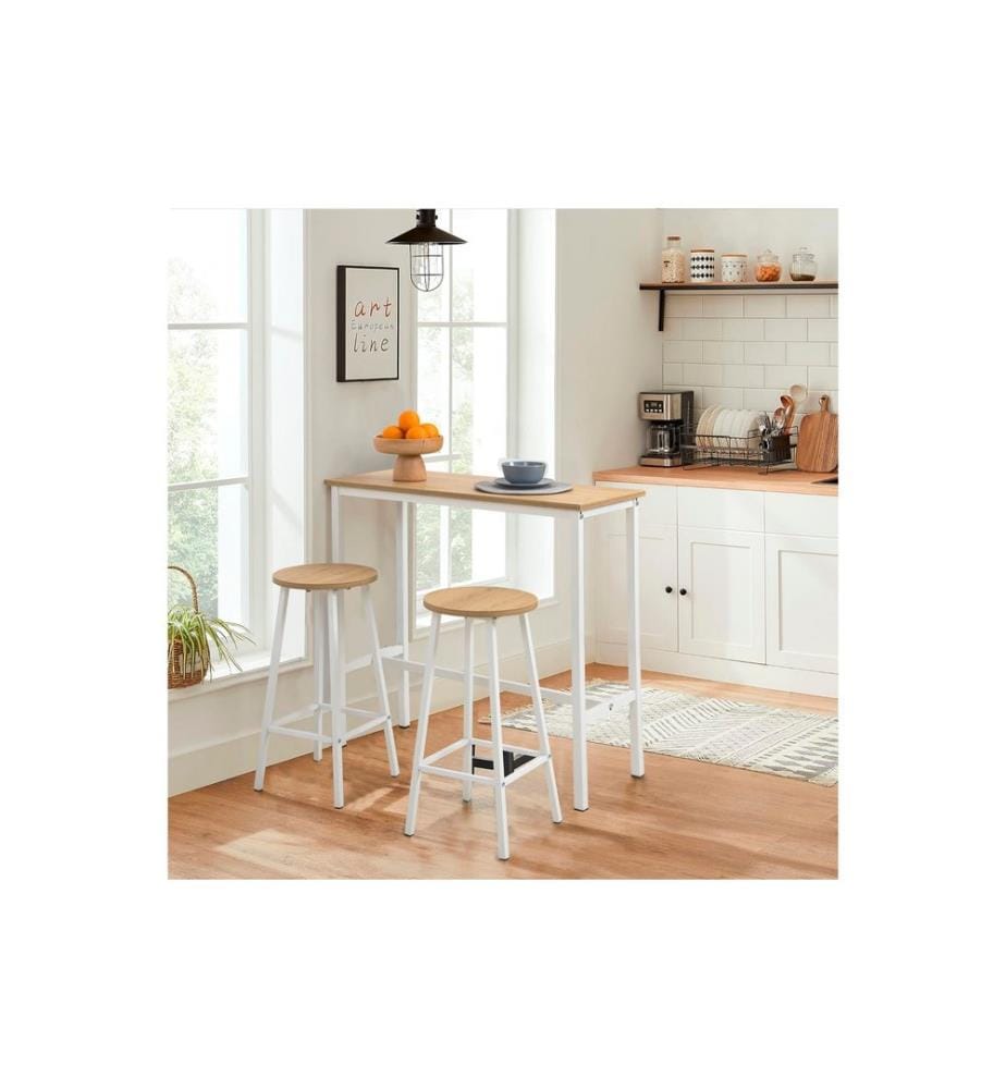 Ensemble table de bar et tabouret, 3 pièces, blanc, 100 % panneau de particules, structure : 100 % métal