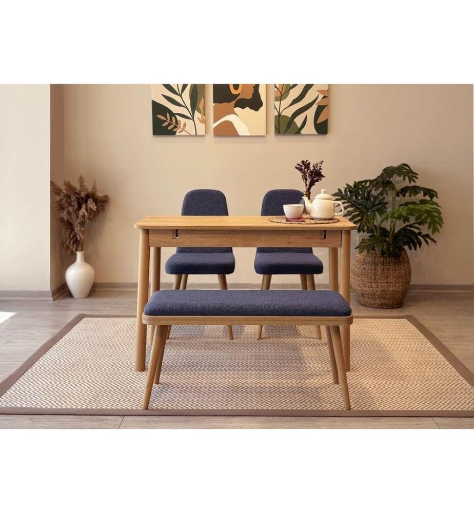 Table de salle à manger extensible avec chaises, 4 pièces, chêne, bleu foncé, 100 % panneau de particules mélaminé