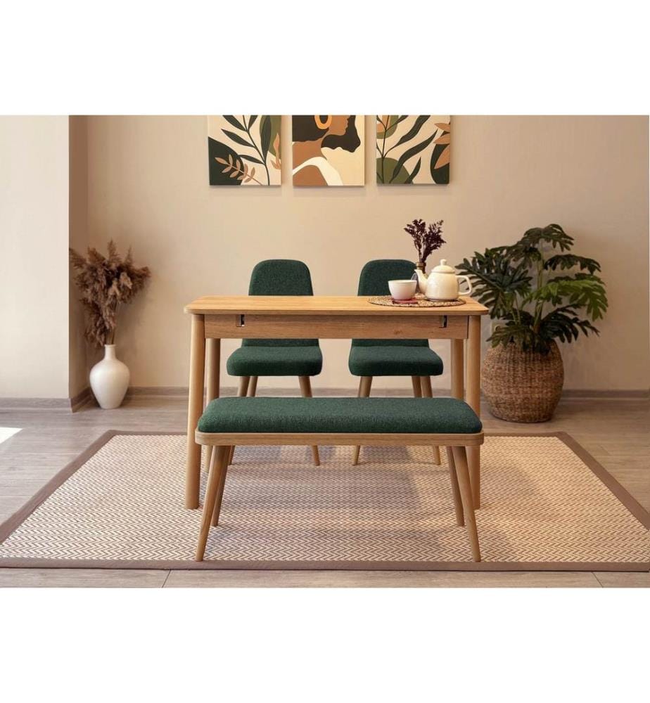 Table de salle à manger extensible avec chaises, 4 pièces, Chêne, Vert, 100 % panneau de particules mélaminé