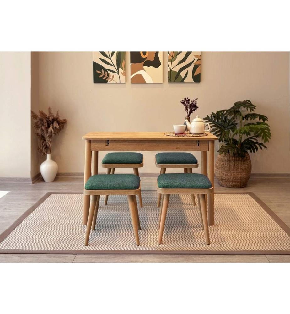 Table de salle à manger extensible avec chaises, 5 pièces, Chêne, Vert, 100 % panneau de particules mélaminé