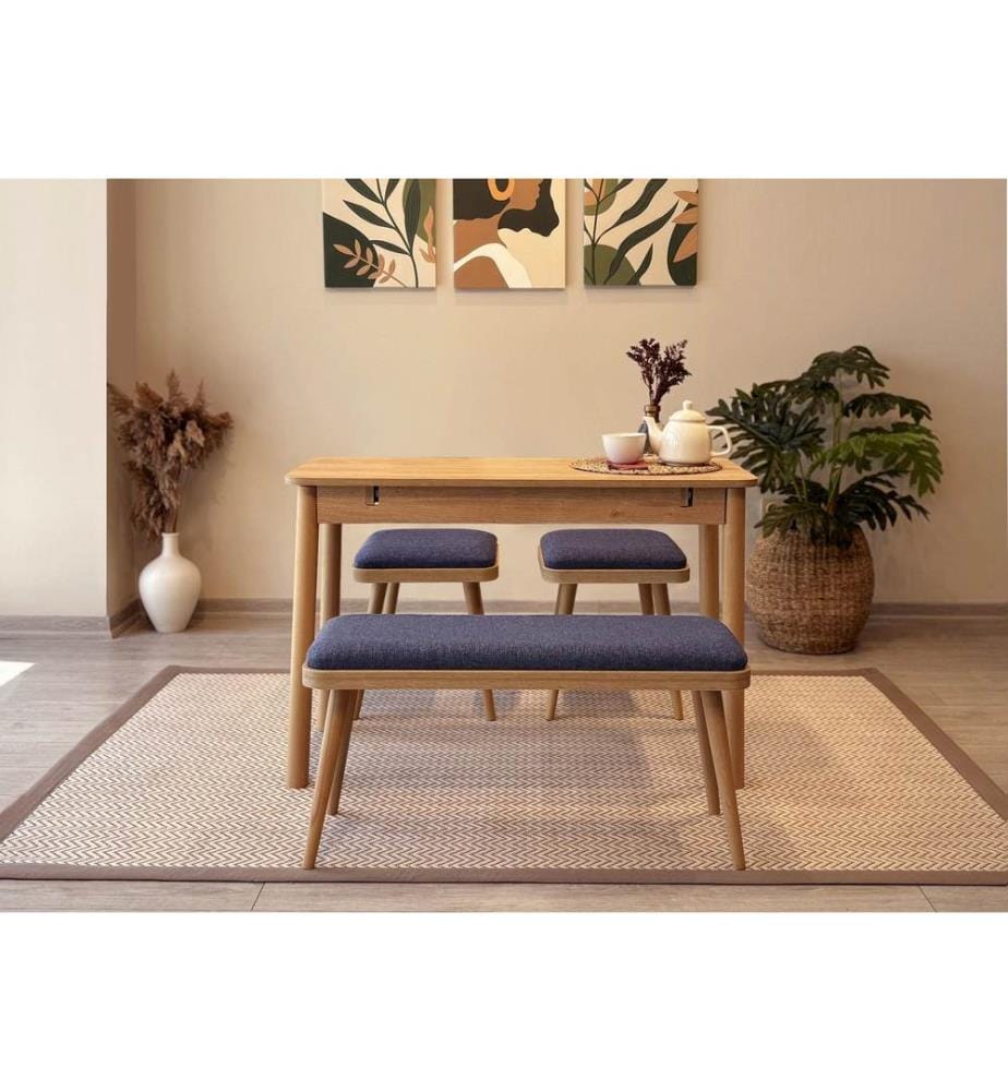Table de salle à manger extensible avec chaises, 4 pièces, chêne, bleu foncé, 100 % panneau de particules mélaminé