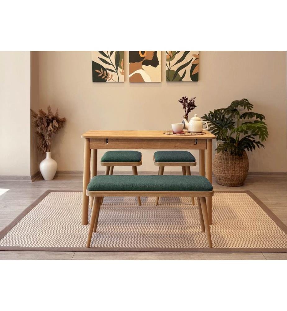 Table de salle à manger extensible avec chaises, 4 pièces, Chêne, Vert, 100 % panneau de particules mélaminé