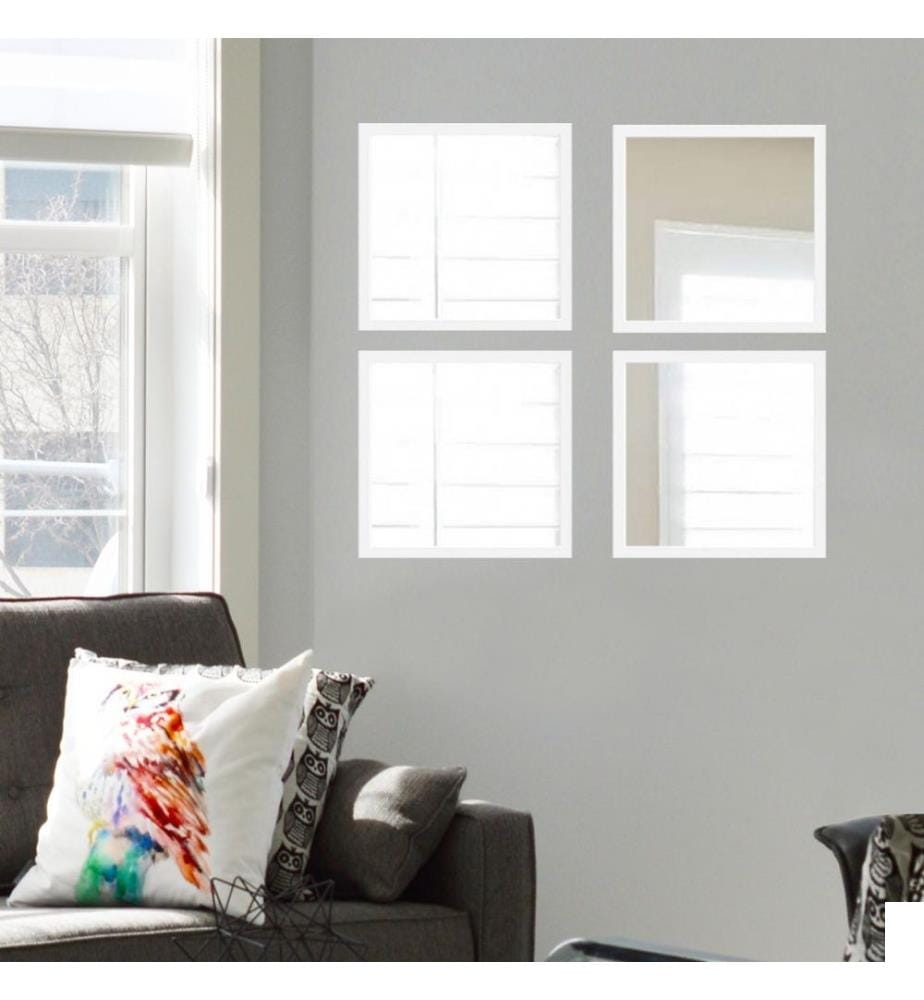 Set de miroirs, 4 pièces, blanc, argent, verre, cadre en plastique stratifié