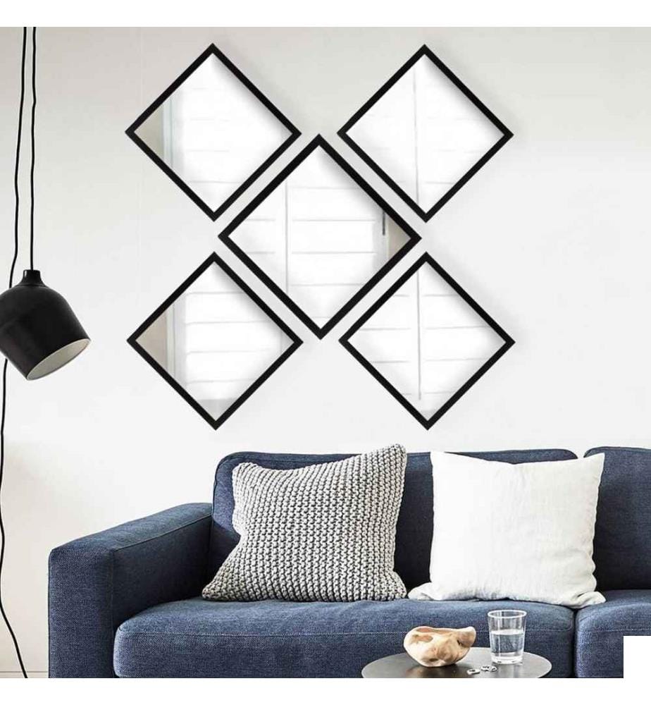 Set de miroirs, 5 pièces, argent, noir, verre, cadre en plastique stratifié