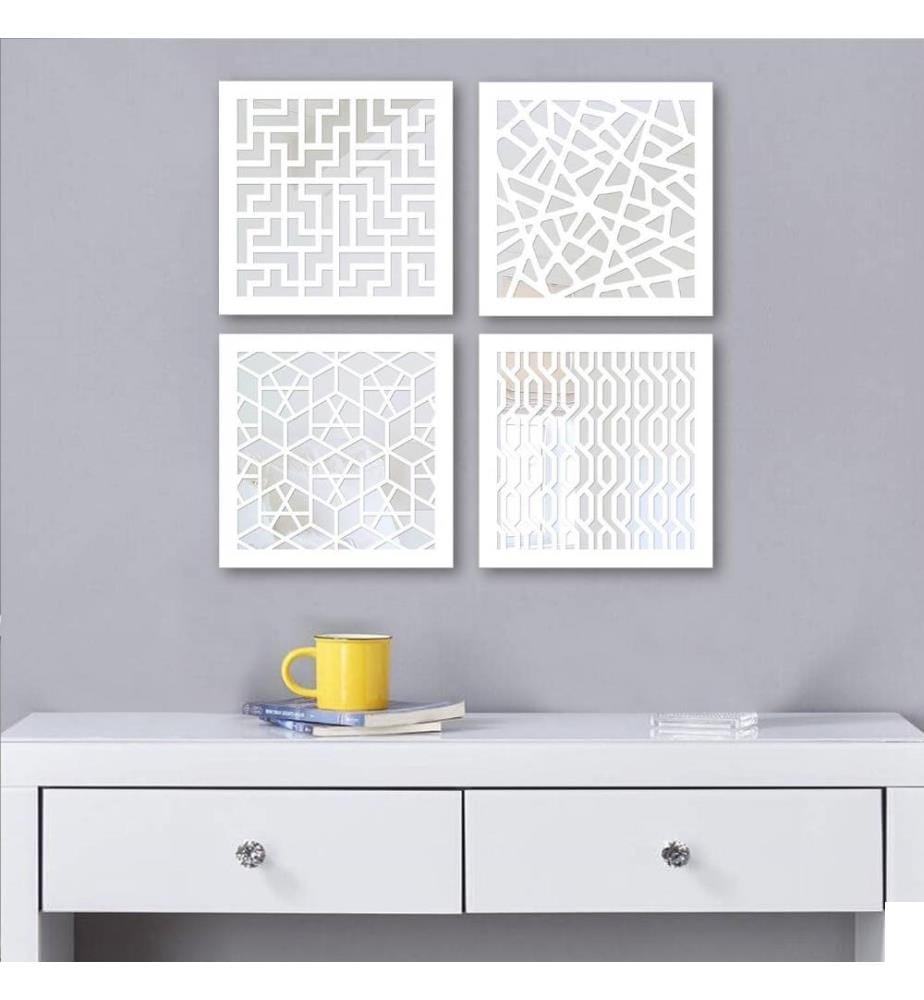 Set de miroirs, 4 pièces, argent, verre, MDF, découpe laser
