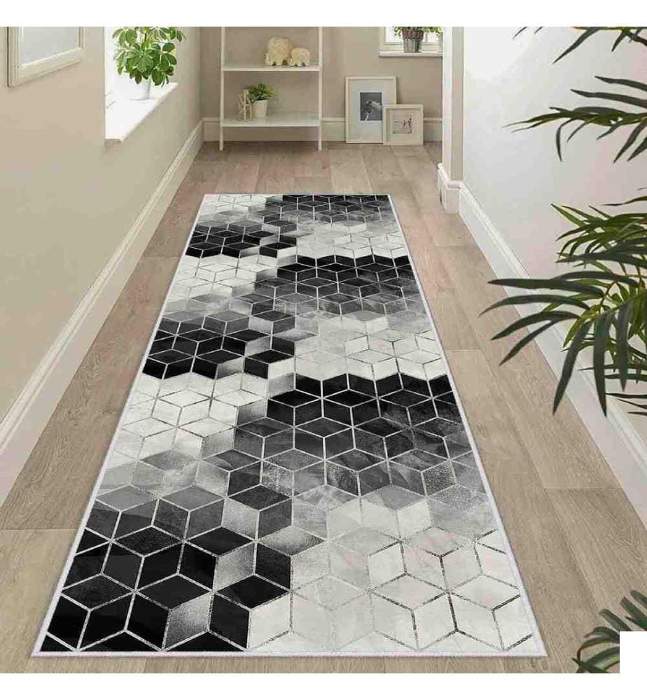 Tapis, blanc, gris, noir, 100% polyester, 80 x 200 cm