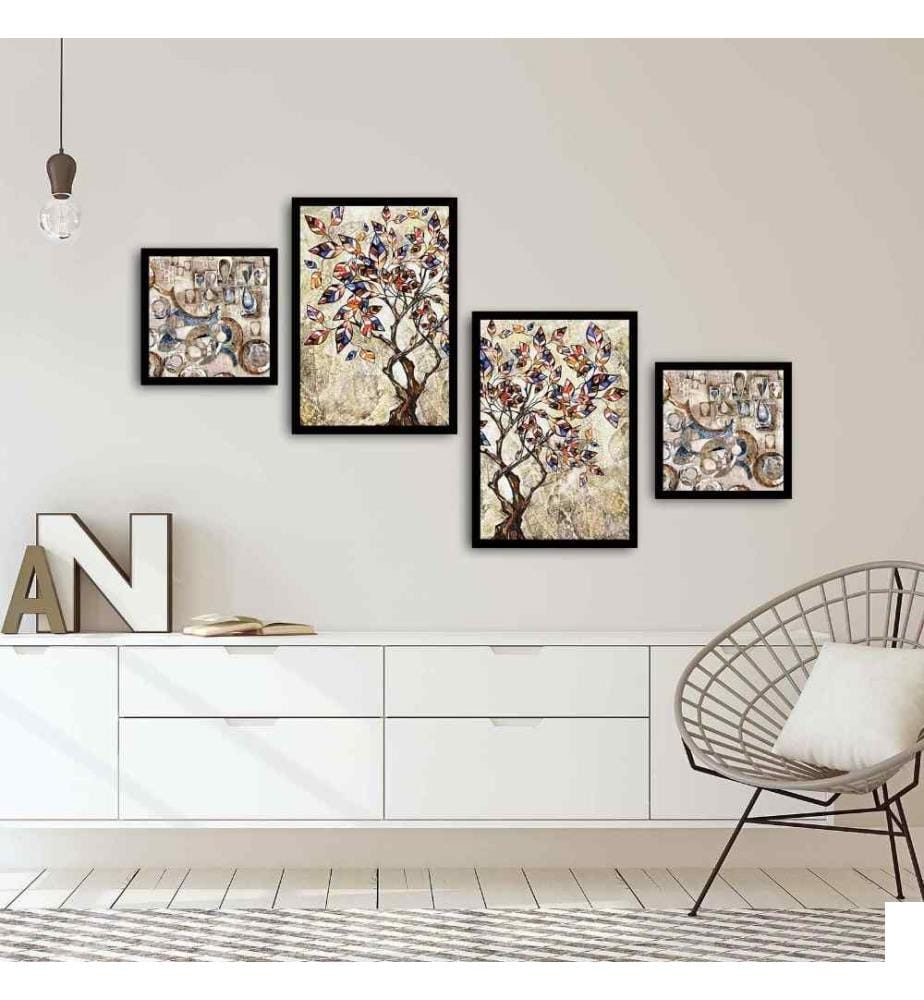 Peinture décorative encadrée MDF, 4 pièces, Multicolore, Peinture MDF, Cadre PVC