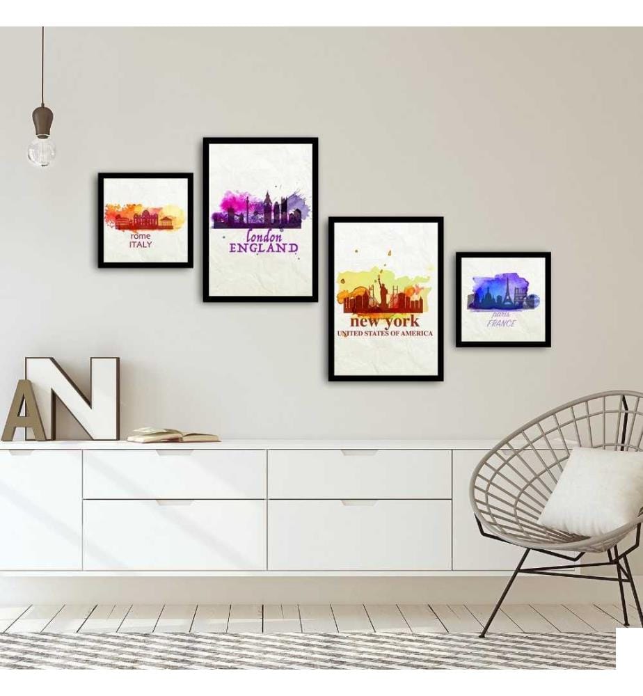 Peinture décorative encadrée MDF, 4 pièces, Multicolore, Peinture MDF, Cadre PVC