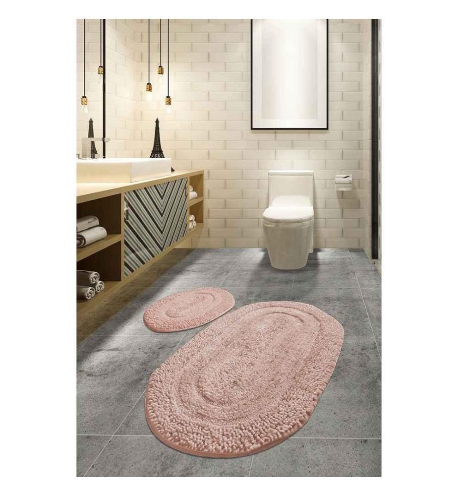 Set de tapis de bain, 2 pièces, rose, coton, antibactérien