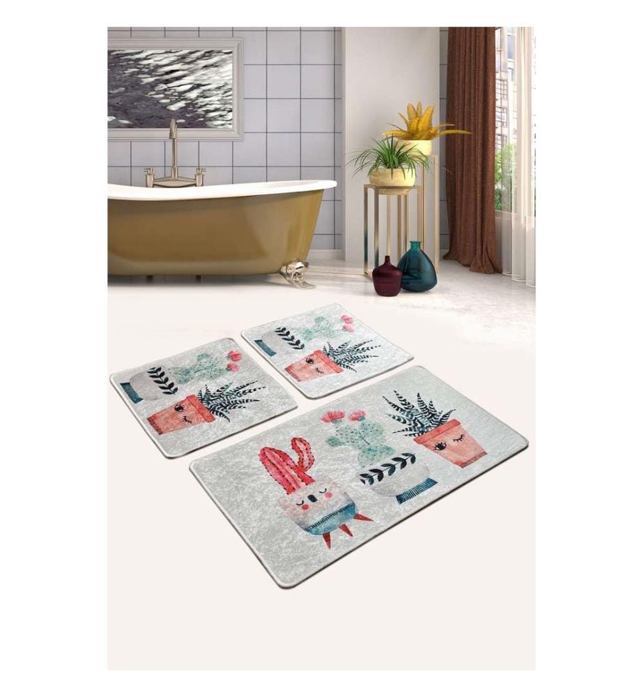 Set de tapis de bain, 3 pièces, multicolore, tissu velours, hauteur des poils 10 mm
